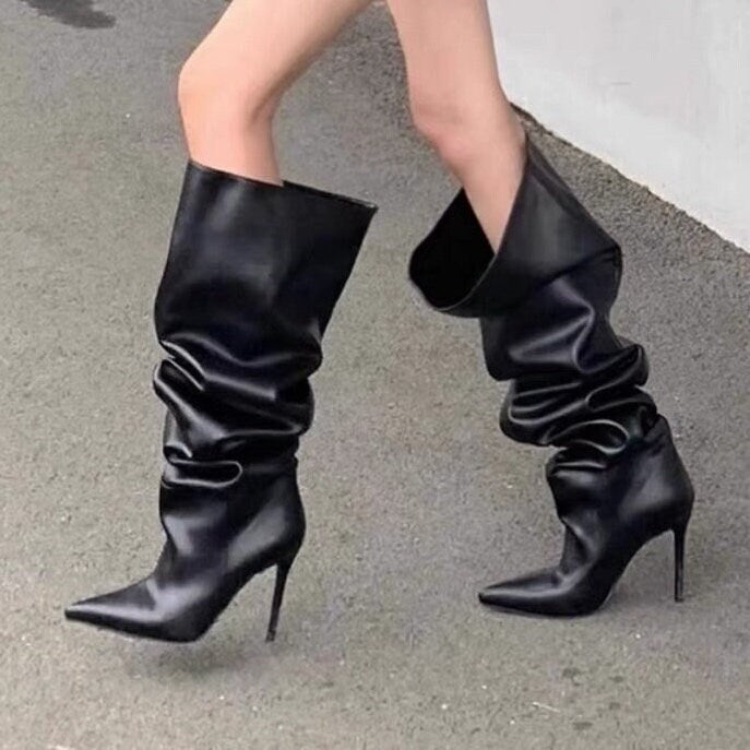 Stylish Leather Knee-High Boots for Women, Black Slouch Heel Boots, Point Toe Slouchy Leather Heel Boots, Size 35 36 37 38 39 40 41 42