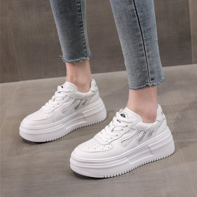 White Breathable Round Head Sneakers, Tie Lace Up Shoes for Women, Flat Bottom Sneakers, Athletic Sport Running Shoes