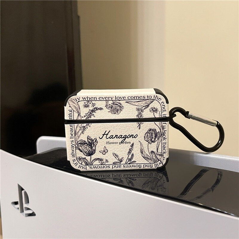 Cute Retro Black & White Floral Leather Protective Cover AirPods Case + Carabiner for AirPods 1 2 3 Pro 2 Generation Shockproof AirPods Case