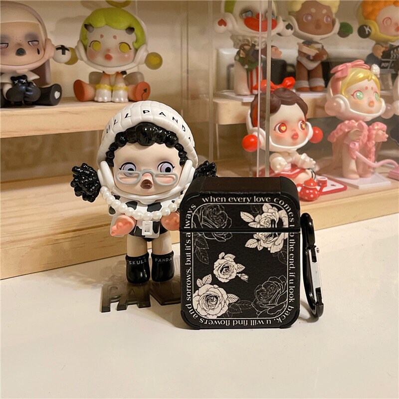 Cute Retro Black & White Floral Leather Protective Cover AirPods Case + Carabiner for AirPods 1 2 3 Pro 2 Generation Shockproof AirPods Case
