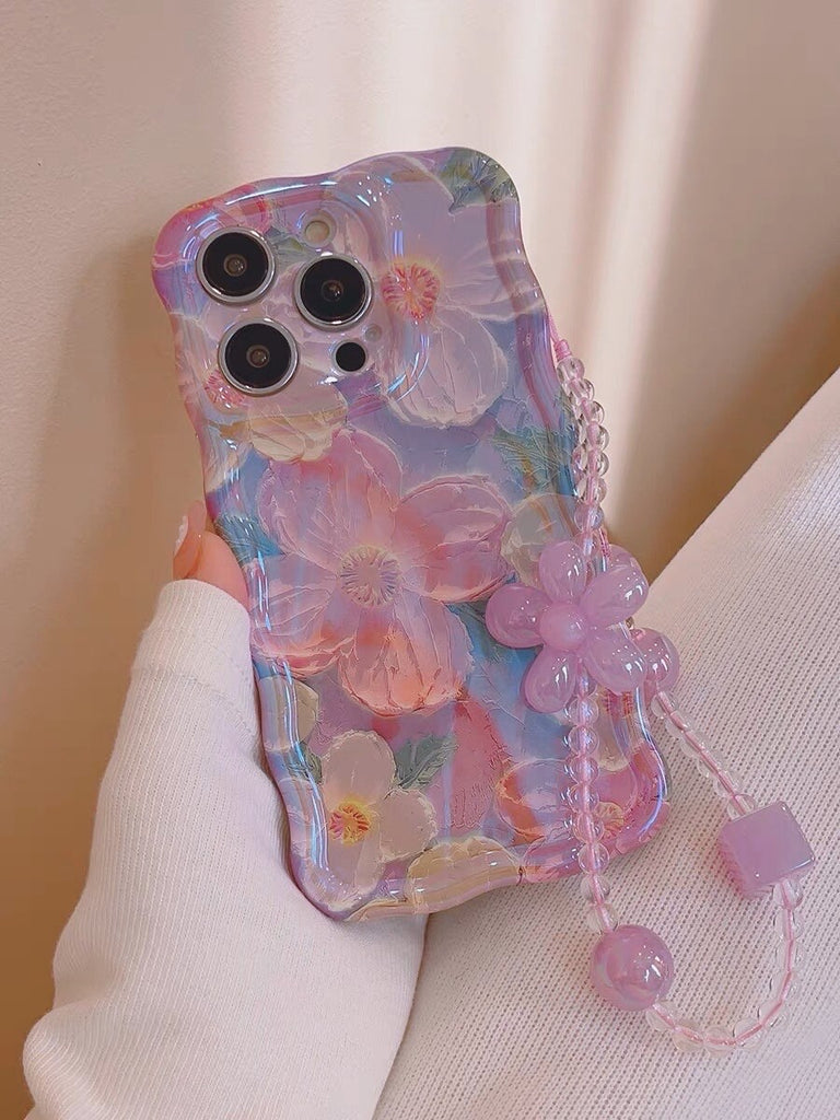 Cute Trendy Blue Ray Purple Oil Painting Flowers Design + Hand Strap Protective Shockproof Phone Case for iPhone 11 12 13 14 15 Pro Max Case