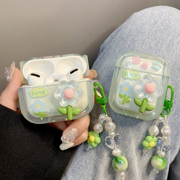 Cute Jelly Flower Decor Clear Protective Cover AirPods Case + Beaded Chain Strap for AirPods 1 2 3 Pro 2 Generation Shockproof AirPods Case