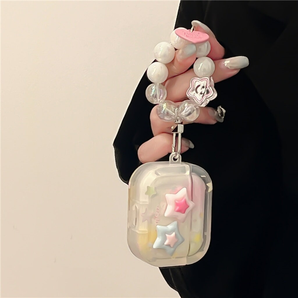 Cute Star Print Clear Protective Cover AirPods Case + Bead Pearl Hand Strap for AirPods 1 2 3 Pro 2 Generation Shockproof AirPods Case