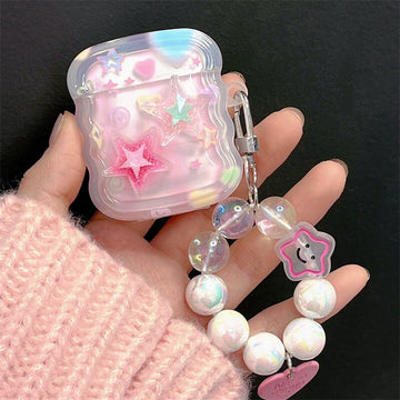 Cute Star Print Wave Shaped Protective Cover AirPods Case + Beaded Hand Strap for AirPods 1 2 3 Pro 2 Generation Shockproof AirPods Case