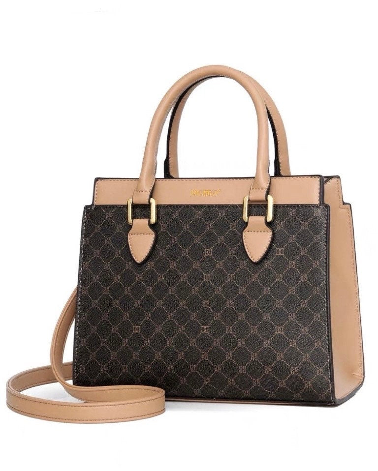 Cute Brown Minimalist Geometric Pattern Monogram Luxury Faux Leather PVC Large Capacity Handbag for Women, Shoulder Bag, Crossbody Bag