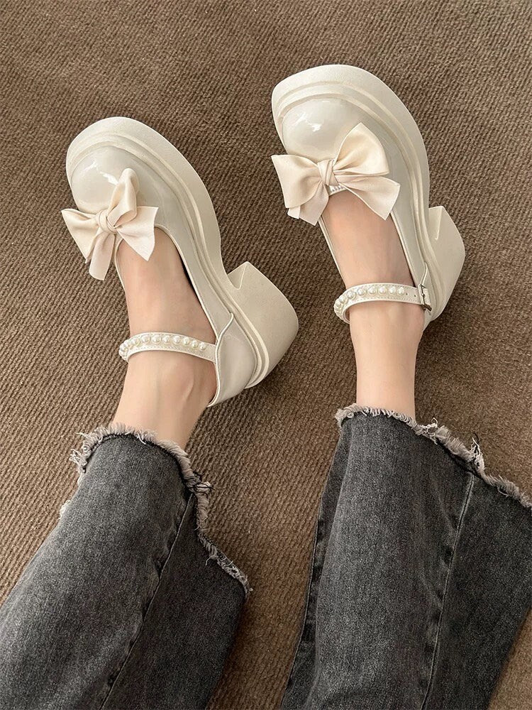 Solid Mary Jane High Heels, Lolita Bow Decor High Heels, Buckle Thick Heels for Women, Cute Round Toe Heels, Kawaii Patent Leather Shoes