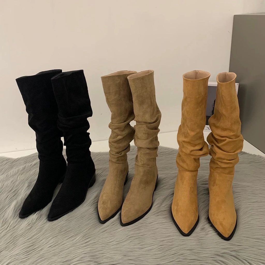 Stylish Suede Knee-High Boots for Women, Black Slouch Low Heel Boots, Kahki Point Toe Slouchy Suede Heel Boots, Size 35 36 37 38 39 40