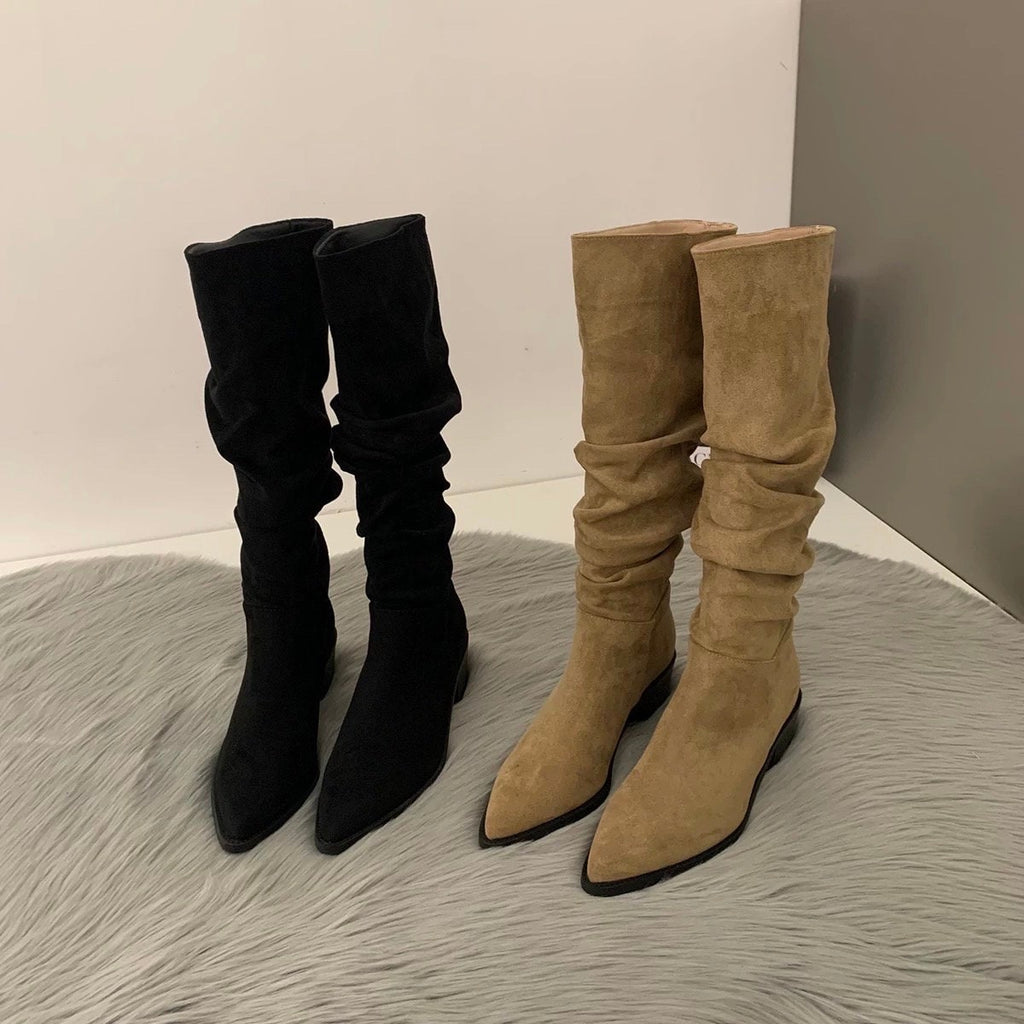 Stylish Suede Knee-High Boots for Women, Black Slouch Low Heel Boots, Kahki Point Toe Slouchy Suede Heel Boots, Size 35 36 37 38 39 40