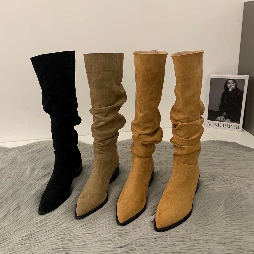 Stylish Suede Knee-High Boots for Women, Black Slouch Low Heel Boots, Kahki Point Toe Slouchy Suede Heel Boots, Size 35 36 37 38 39 40