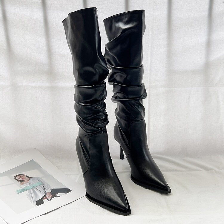 Stylish Leather Knee-High Boots for Women, Spring Fall Winter Black Slouch Heel Boots, Pointed Toe Slouchy Leather Stiletto Heel Boots