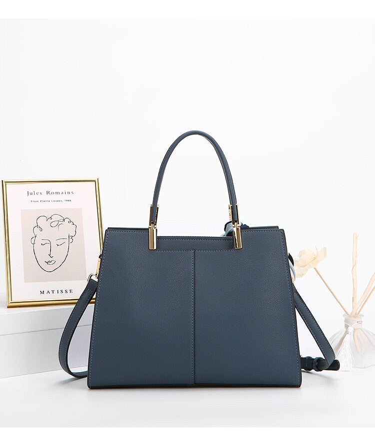 Cute Blue Minimalist Solid Color Simple Luxury Vegan Leather Handbag for Women + Satin Wrapped Handle Scarf, Shoulder Bag, Crossbody Bag