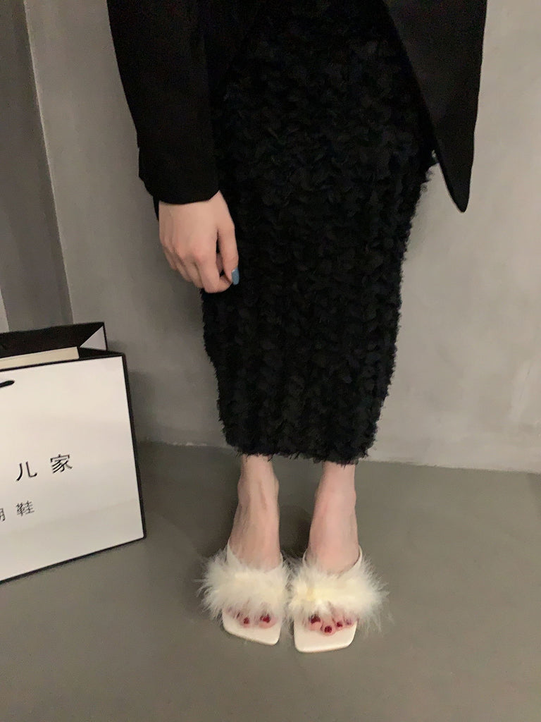 Women’s Fluffy Feather Kitten Heel, Split Toe Low Slipper Heel, Cute Open Toe Sandals, Square Toe Heels, Fuzzy Pink Black White Curved Heel