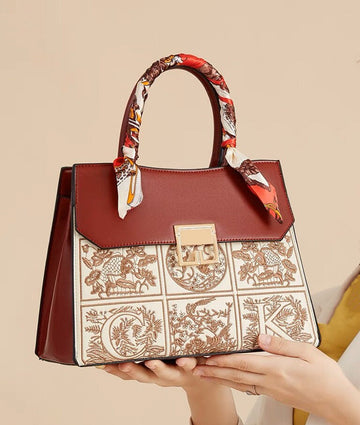 Cute Red Minimalist Embroidered Pattern Luxury Genuine Leather Handheld Handbag for Women + Wrapped Satin Scarf, Shoulder Bag, Crossbody Bag