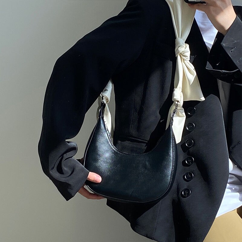Cute Black Vegan Leather Shoulder Bag, White Strap Bow Ribbon Decor Handbag, Minimalist Elegant Contrast Color Top Handle Bag, Crescent Bag