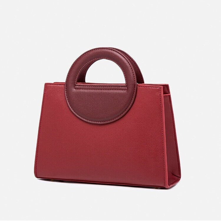 Cute Red Minimalist Geometric Shaped Car Suture Luxury Genuine Leather Round Handheld Handle Handbag for Women, Shoulder Bag, Crossbody Bag