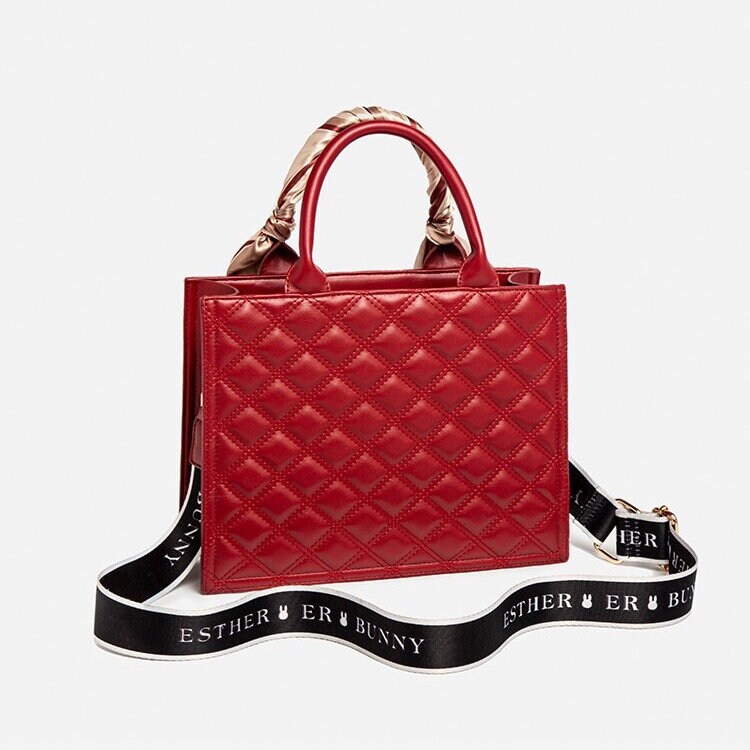 Cute Red Minimalist Geometric Pattern Rhombus Luxury Genuine Leather Pearl Strap Decor Handheld Handbag for Women + Satin Scarf Decor
