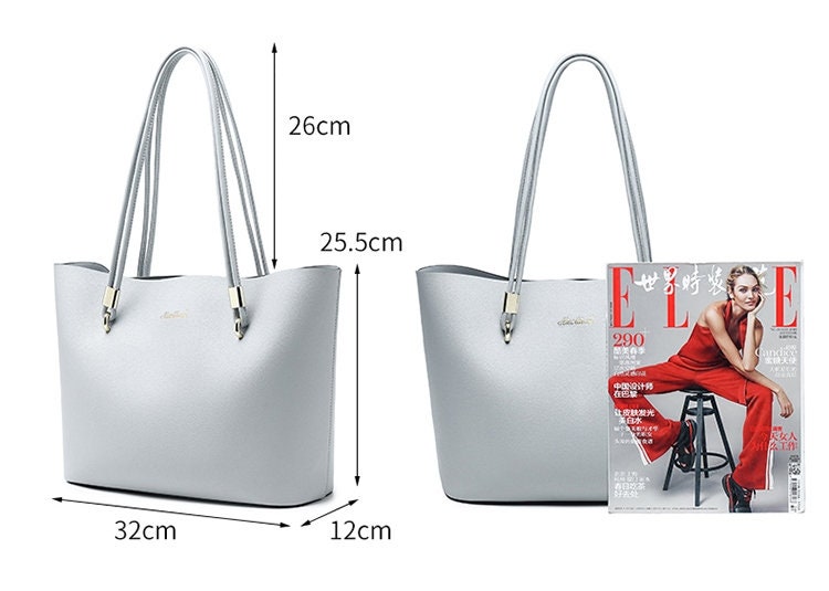 Cute Grey Solid Color Simple Minimalist Luxury Genuine Leather Large Capacity Shoulder Bag Handbag for Women, Grey Tote Bag for Women