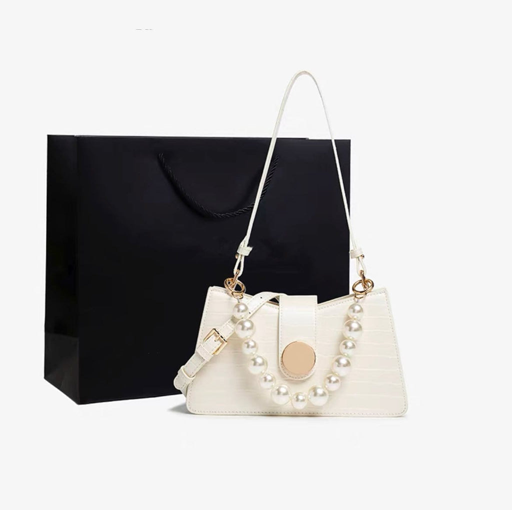 Cute Red Minimalist Simple Slick Luxury Genuine Leather White Pearls Handle Strap Decor Handbag for Women, Shoulder Bag, Baguette