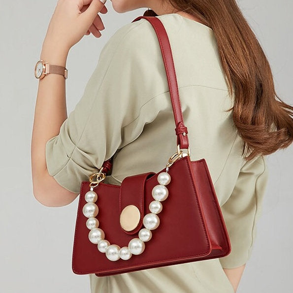Cute Red Minimalist Simple Slick Luxury Genuine Leather White Pearls Handle Strap Decor Handbag for Women, Shoulder Bag, Baguette