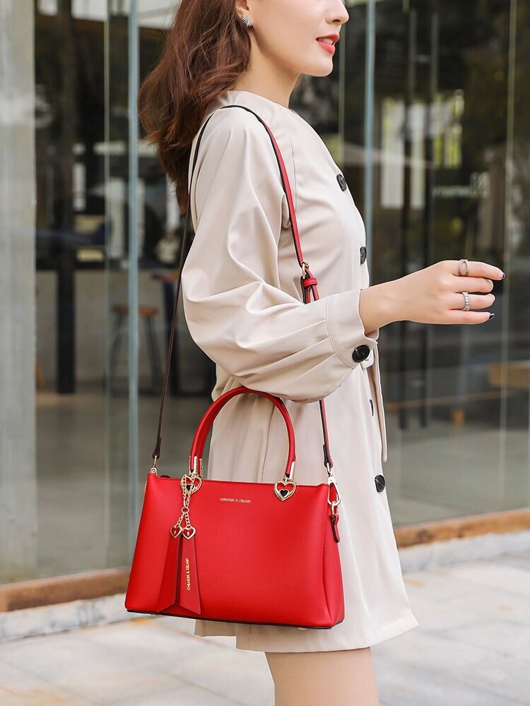 Cute Red Minimalist Solid Color Luxury Genuine Leather Top Handle Handheld Handbag for Women, Shoulder Bag, Crossbody Bag, Messenger Bag