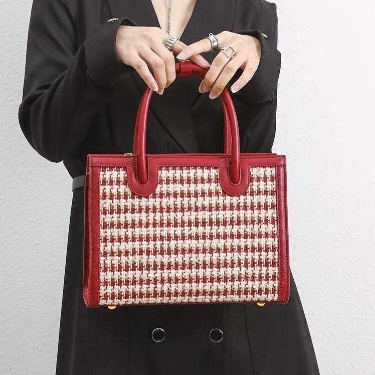 Cute Red Houndstooth Print Simple Minimalist Luxury Genuine Leather Top Handle Handbag for Women Crossbody Bag + Bow Tie Satin Silk Scarf