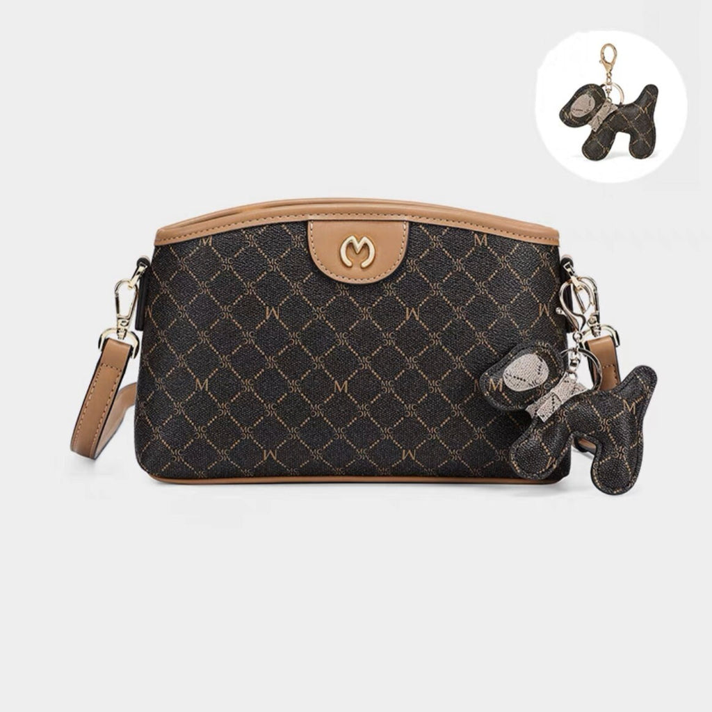 Cute Brown, Khaki & Beige Simple Minimalist Monogram Luxury PVC Leather Crossbody Bag for Women, Messenger Bag + Little Stuffed Dog Clip