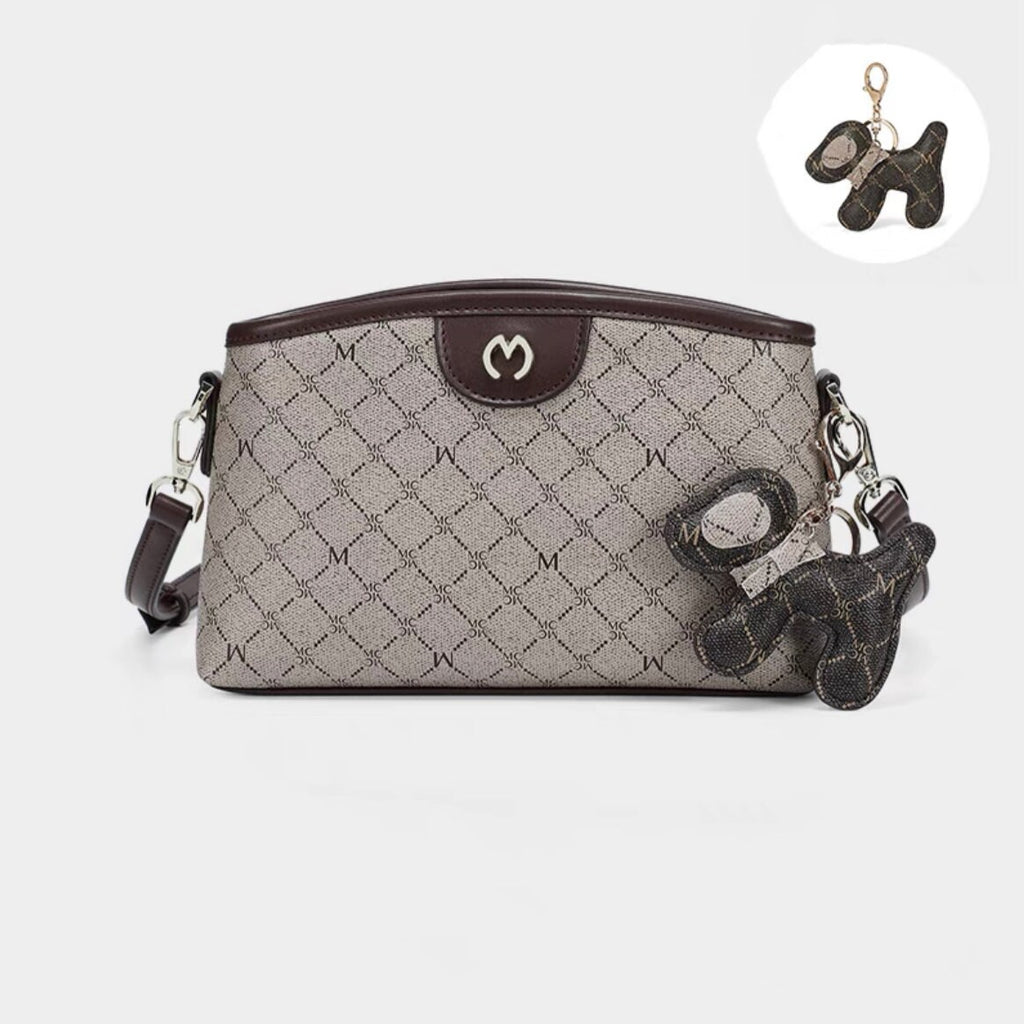 Cute Brown, Khaki & Beige Simple Minimalist Monogram Luxury PVC Leather Crossbody Bag for Women, Messenger Bag + Little Stuffed Dog Clip
