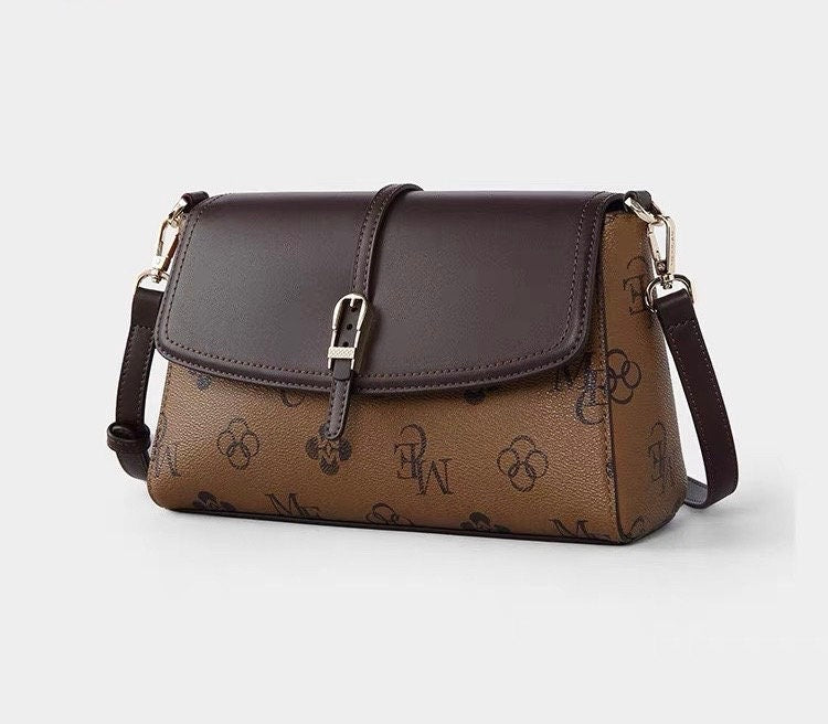 Cute Brown Minimalist Contrast Color Monogram Magnetic Buckle Closure Luxury Faux Leather PVC Messenger Bag for Women, Crossbody Bag