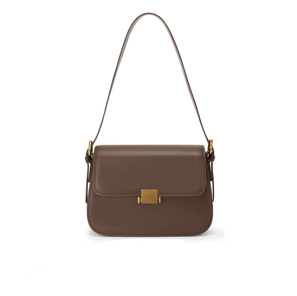Cute Apricot, Brown, Black & Beige Minimalist Simple Slick Luxury Cowhide Leather Handbag for Women, Shoulder Bag, Messenger Bag, Baguette