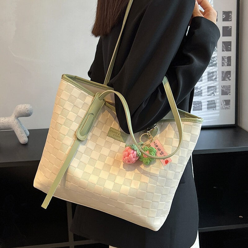 Cute Checkerboard Shoulder Bag, Large Capacity Handbag, Oversized Handbags for Women, Vegan Leather Tote Bag, Top Handle Handbag