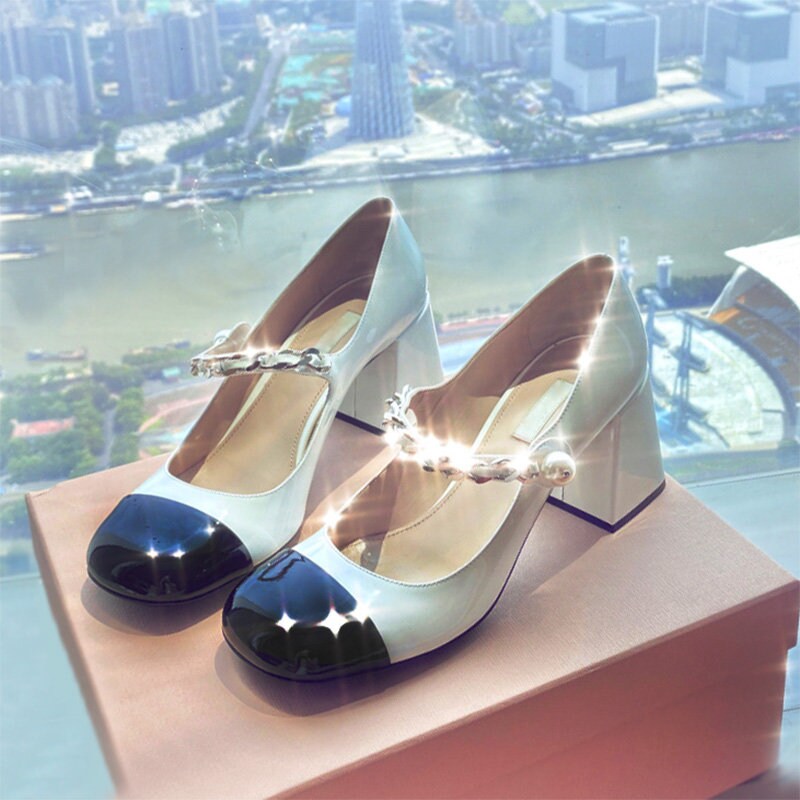 French Style High Heels, Patent Leather Square Toe Heels, Mary Jane Shoes, Contrast Color Heels, Pearl Decor Fromt Strap Heels for Women