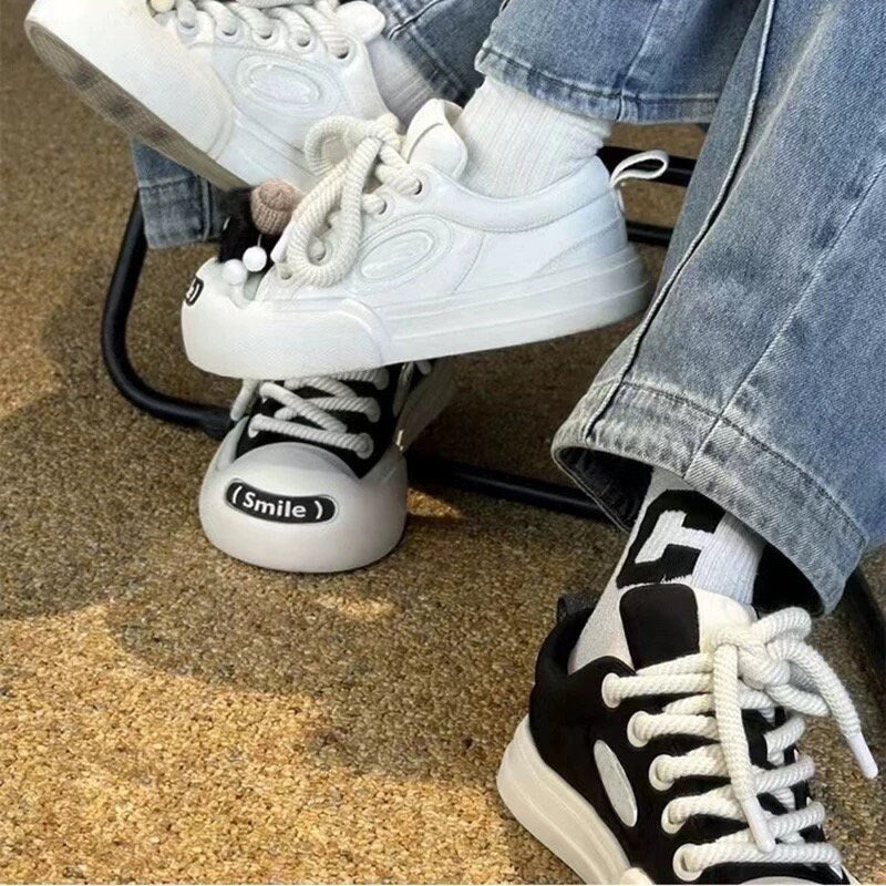 Casual Black & White Canvas Sneakers, Cute Round Head Unisex Shoes, Thick Shoe Lace with Charms Sneakers for Men and Women, Everyday Flats
