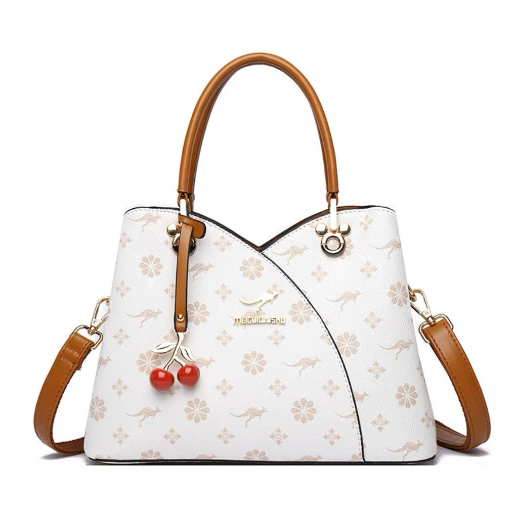Cute Brown Contrast Color Minimalist Monogram Luxury Cow Leather Handheld Handbag for Women, Shoulder Bag, Crossbody Bag + Cherry Clip