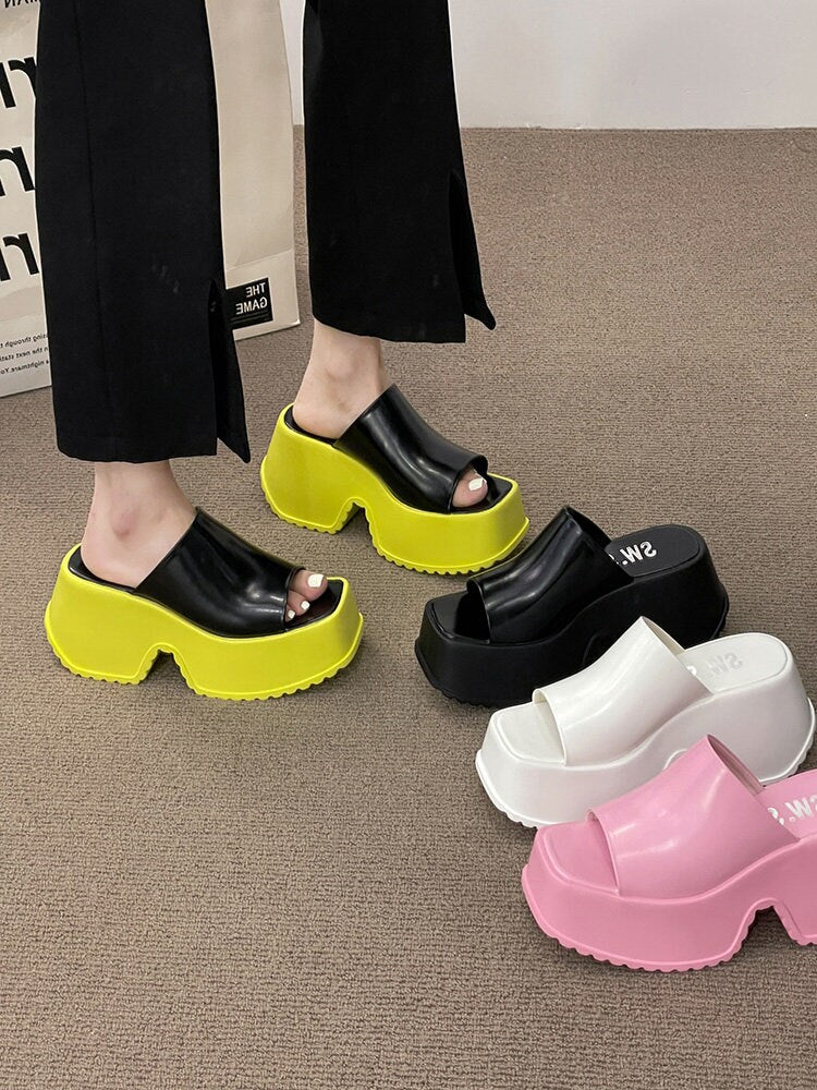 Retro Platform Slides for Women, Stylish Heeled Slippers, White Glossy Creeper Heels, Pink Peep Toe Platform Pumps, Square Toe Shoes