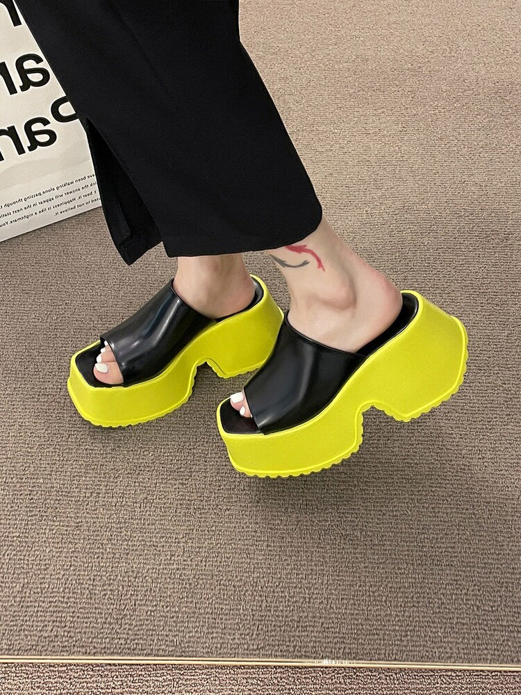 Retro Platform Slides for Women, Stylish Heeled Slippers, White Glossy Creeper Heels, Pink Peep Toe Platform Pumps, Square Toe Shoes