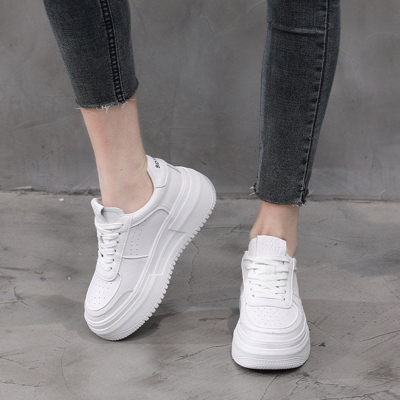 White Breathable Round Head Sneakers, Tie Lace Up Shoes for Women, Flat Bottom Sneakers, Athletic Sport Running Shoes