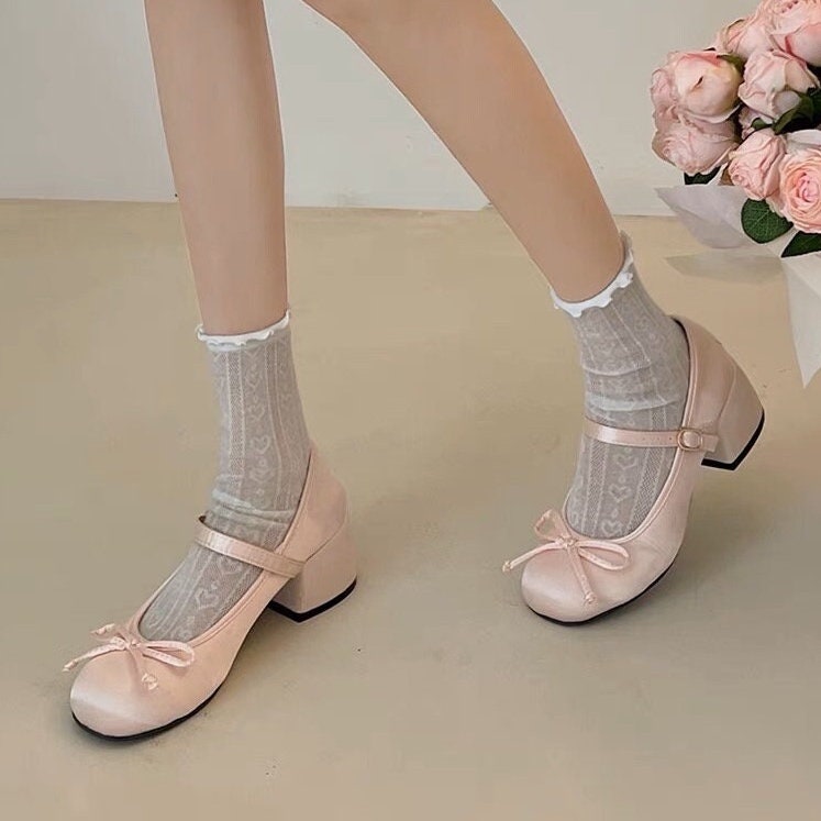 Women Retro Mary Jane Heels, Women Vintage Ballerina Shoes, Women Plain Toe High Heels, Women Retro Pink Sliver Ballet Shoes