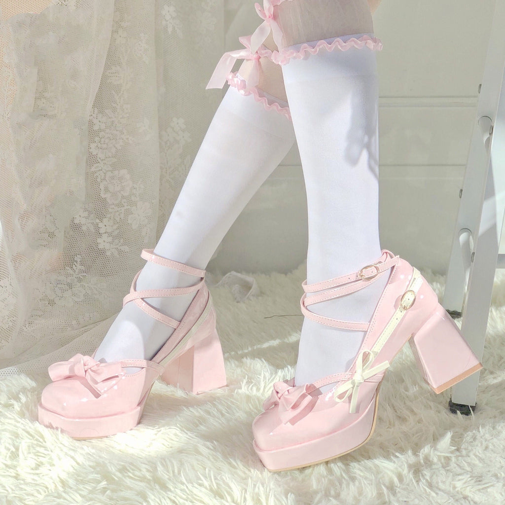 Solid Mary Jane High Heels, Lolita Bow Decor High Heels, Front Strap Heels for Women, Square Toe High Heels, Patent Leather Ballet Shoes