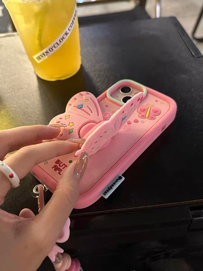 Cute Pink 3D Foldable Bracket Butterfly Wings Built in Stand Design Thick Protective Shockproof Phone Case for iPhone 11 12 13 14 15 Pro Max