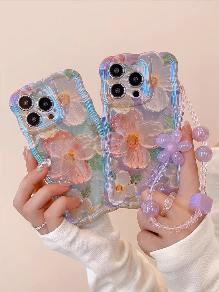 Cute Trendy Blue Ray Purple Oil Painting Flowers Design + Hand Strap Protective Shockproof Phone Case for iPhone 11 12 13 14 15 Pro Max Case