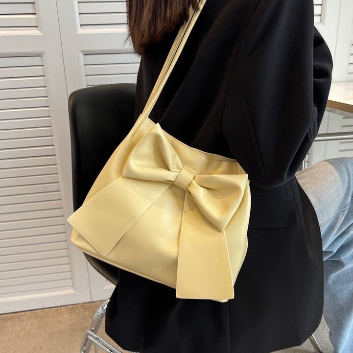 Cute Minimalist Vegan Leather Bag, Retro Leather Shoulder Bag, Top Handle Bag for Women, Ribbon Decor Handbag, Handheld Handbag for Women