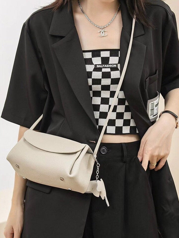 Minimalist Genuine Leather Crossbody Bag, Cow Leather Bag, Cute Box Purse, Small Wallet Phone Bag for Women, Retro Canvas Bag + Cute Clip