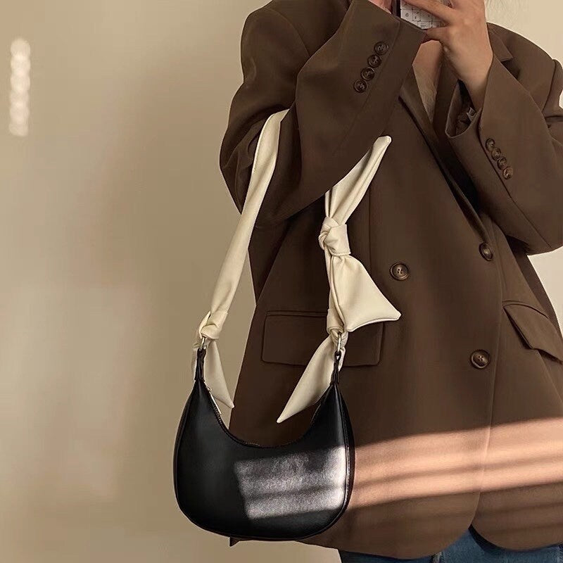 Cute Black Vegan Leather Shoulder Bag, White Strap Bow Ribbon Decor Handbag, Minimalist Elegant Contrast Color Top Handle Bag, Crescent Bag