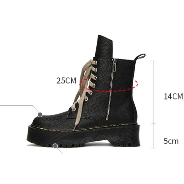 Black Leather Front Tie Lace Up Boots, Round Head Ankle Boots for Women, Black Platform Leather Boots, Thick Sole Round Toe Boots