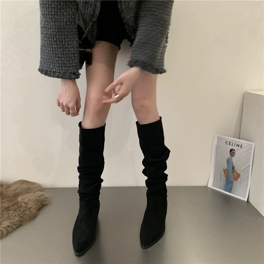 Stylish Suede Knee-High Boots for Women, Black Slouch Low Heel Boots, Kahki Point Toe Slouchy Suede Heel Boots, Size 35 36 37 38 39 40