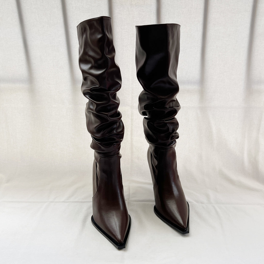 Stylish Leather Knee-High Boots for Women, Spring Fall Winter Black Slouch Heel Boots, Pointed Toe Slouchy Leather Stiletto Heel Boots