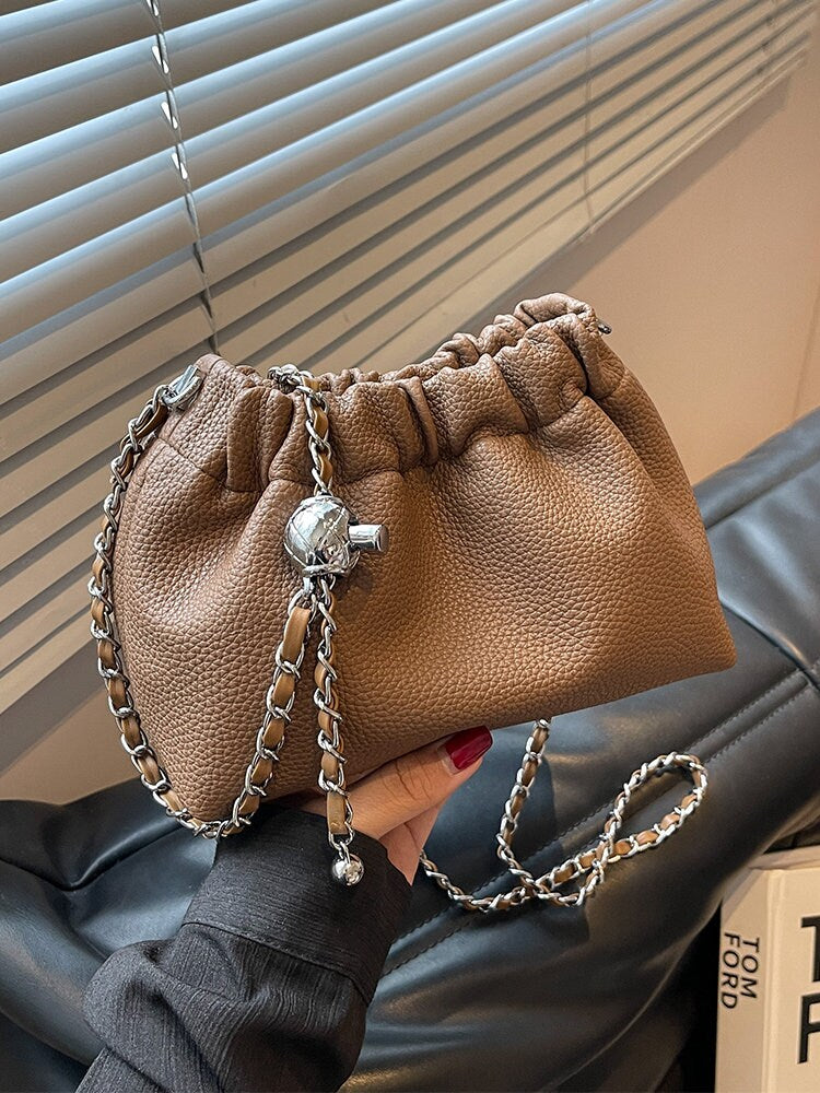 Minimalist Chain Strap Crossbody Pouch Bag, Cute Mini Leather Purse, Small Canvas Bag for Women, Drawstring Bag, Vegan Leather Bag