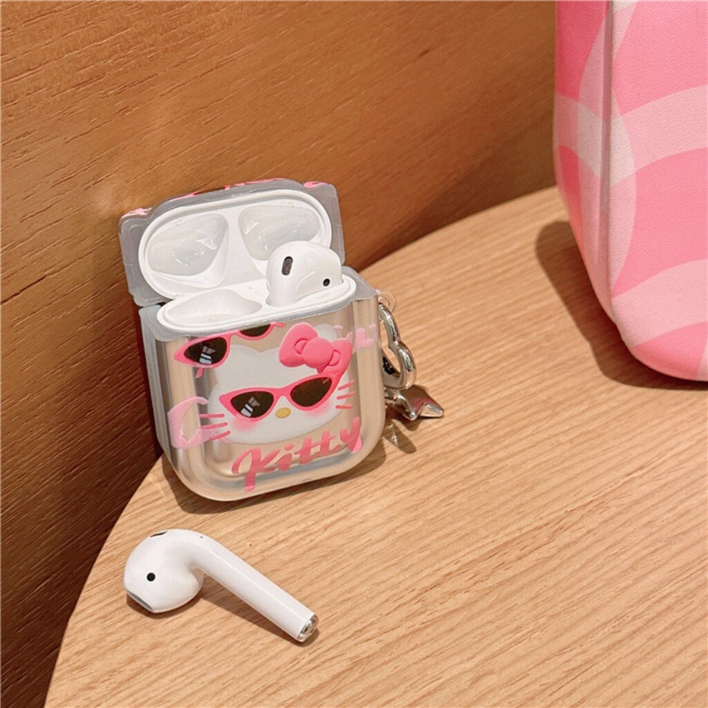 Cute Electroplated Silver HELLO KITTY Protective Cover AirPods Case + Carabiner Chain for AirPods 1 2 3 Pro 2 Generation Shockproof Case