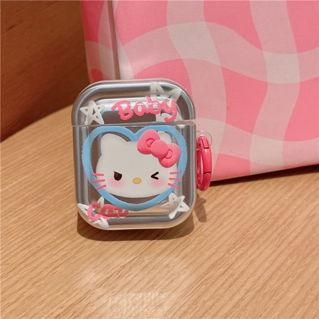 Cute Electroplated Silver HELLO KITTY Protective Cover AirPods Case + Carabiner Chain for AirPods 1 2 3 Pro 2 Generation Shockproof Case