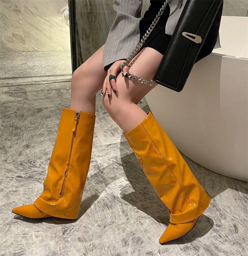 Stylish Fold Over Wedge Boots for Women, Fall Winter Spring Heel Boots, Pointed Toe Black Leather Boots, Knee High Boots, Size 35 to 40